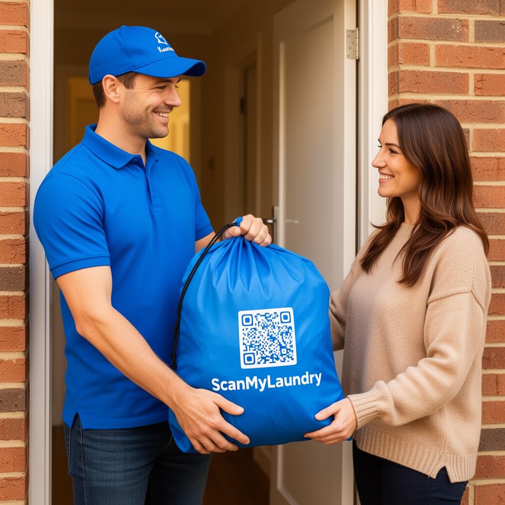 ScanMyLaundry courier handing a blue QR-coded laundry bag to a smiling customer at her front door